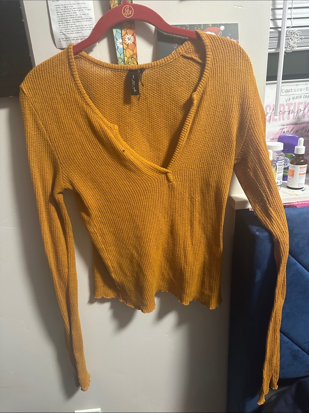 Urban Outfitters Mustard Ribbed V‑Neck Long Sleeve Top